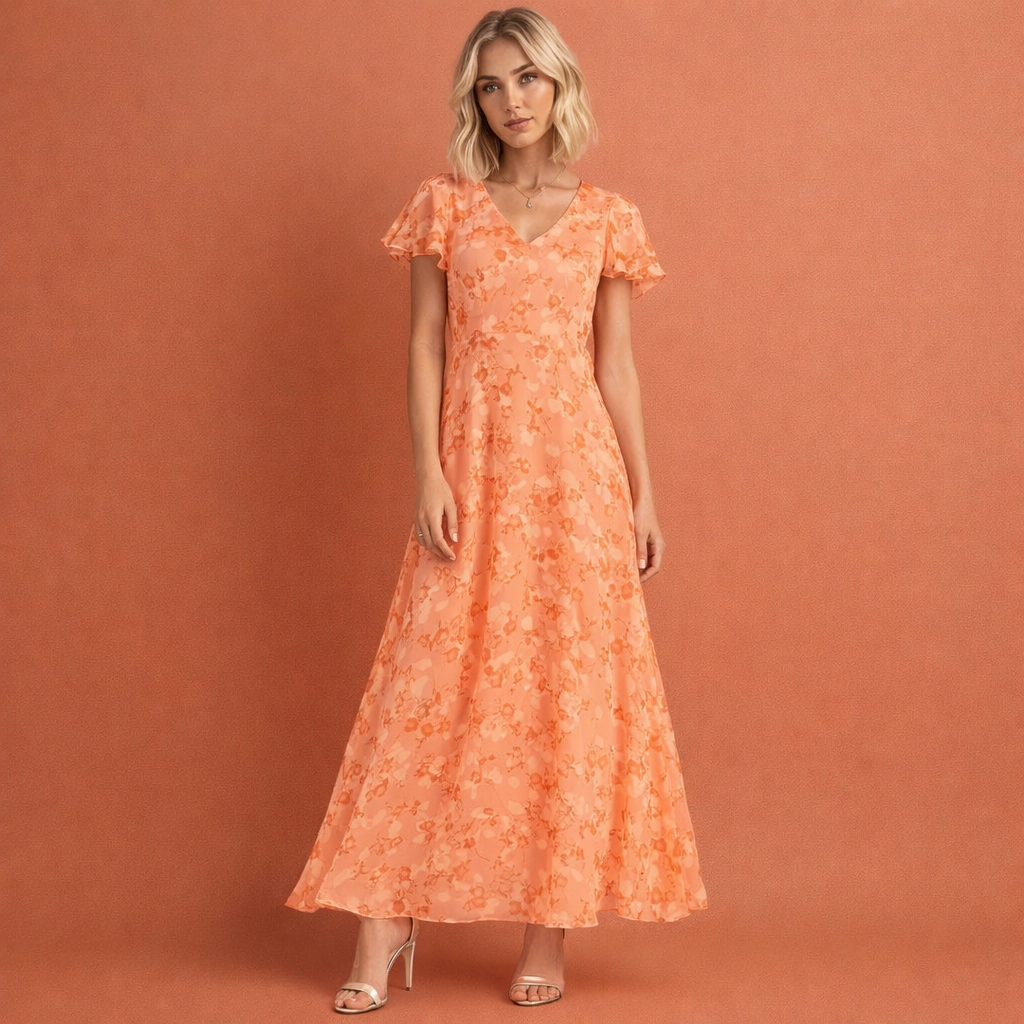 Maxi dress with V-neck and butterfly sleeves for women | Emilia