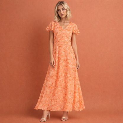 Maxi dress with V-neck and butterfly sleeves for women | Emilia