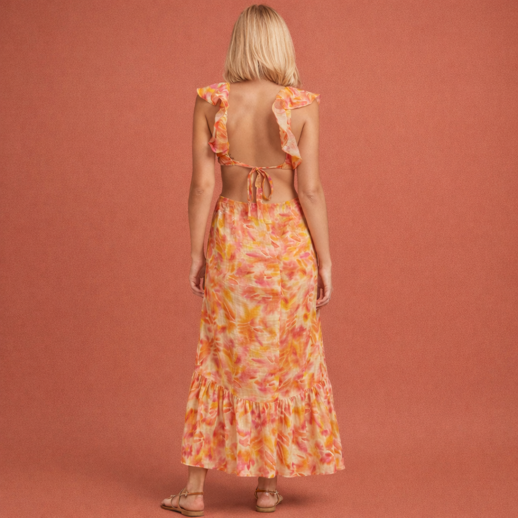 Maxi dress with ruffles and floral pattern for women | Katja