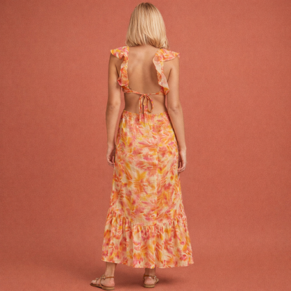 Maxi dress with ruffles and floral pattern for women | Katja