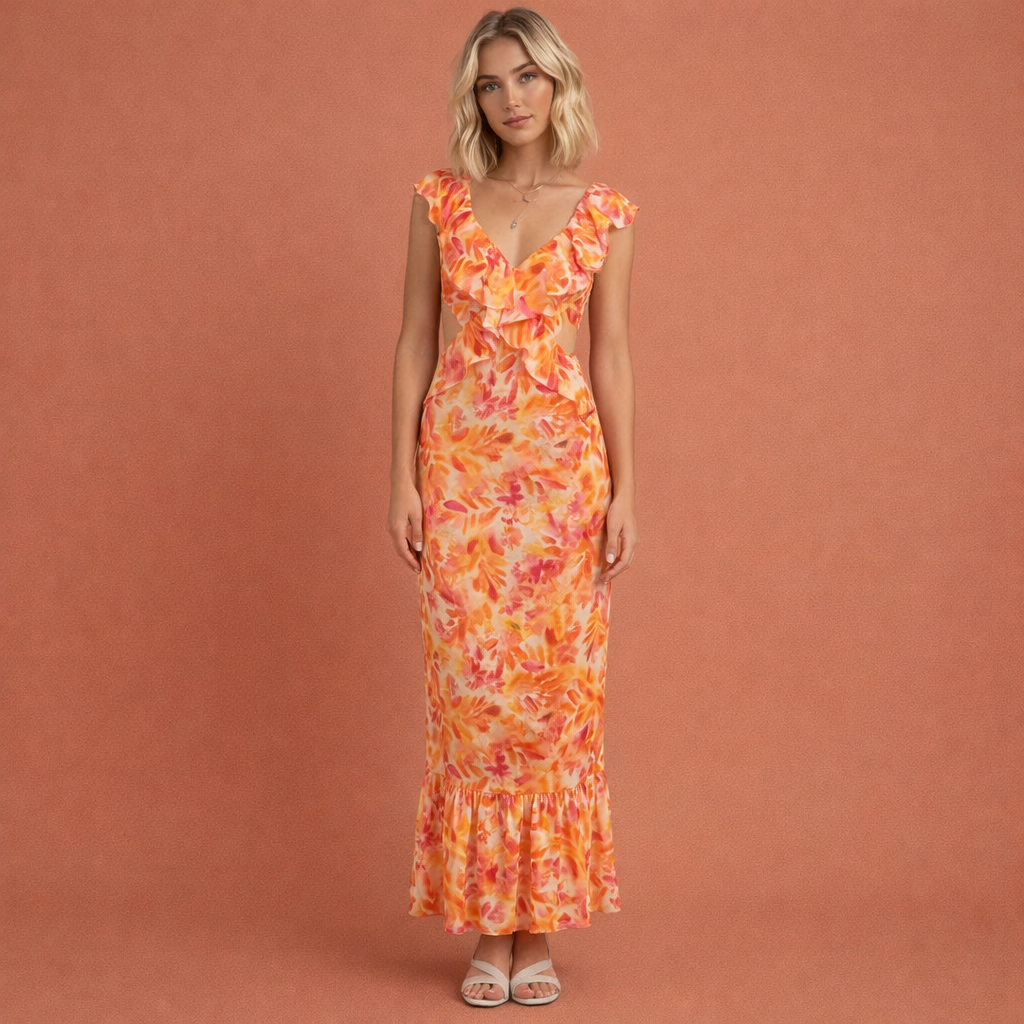 Maxi dress with ruffles and floral pattern for women | Katja