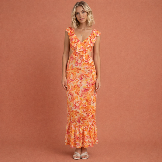 Maxi dress with ruffles and floral pattern for women | Katja