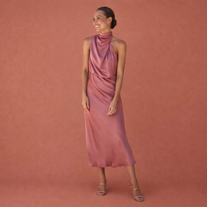 Elegant maxi dress with draped neckline and sleeveless design for women | Helena