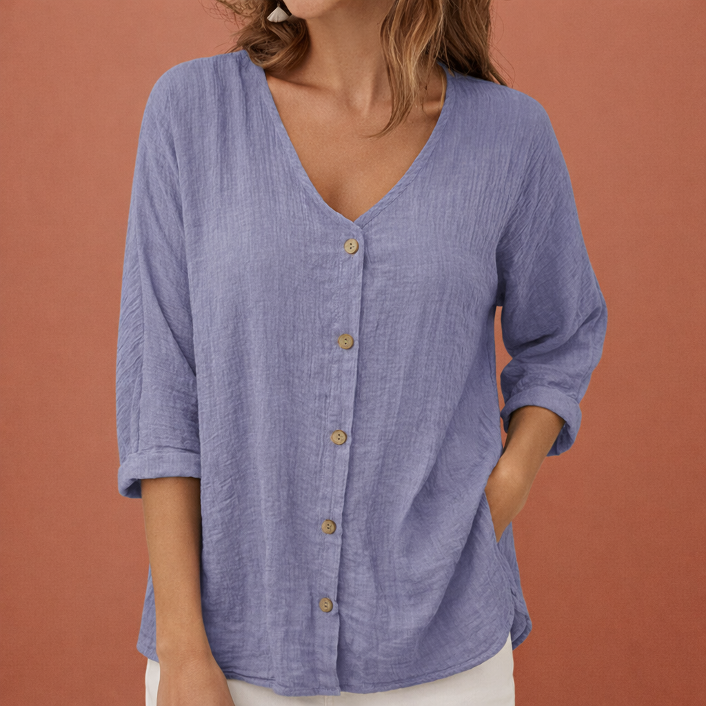V-neck women's T-shirt with button closure and three-quarter sleeves | Ylena