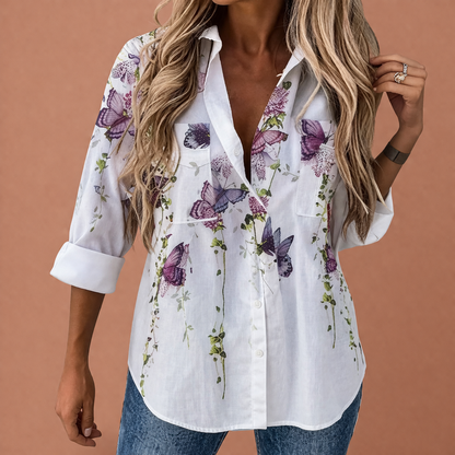 Flower print blouse with collar and button closure for women | Isabeau