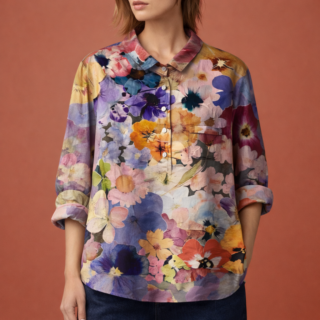 Flower print blouse with long sleeves and collar for women | Viona