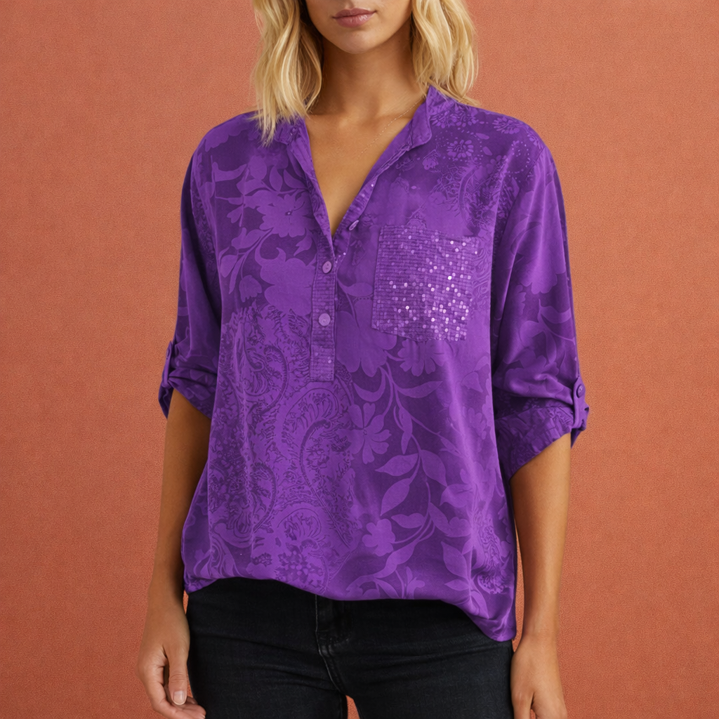 Elegant women's blouse with V-neck and subtle floral texture | Nadine
