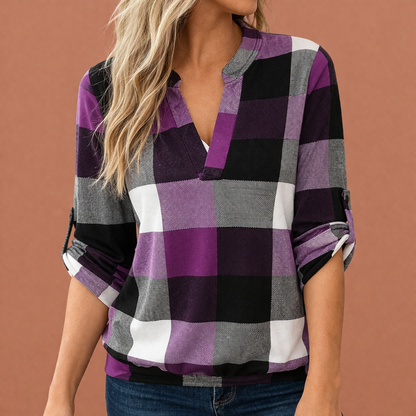 Plaid V-neck blouse for women with long sleeves and cuffed sleeves | Zafira