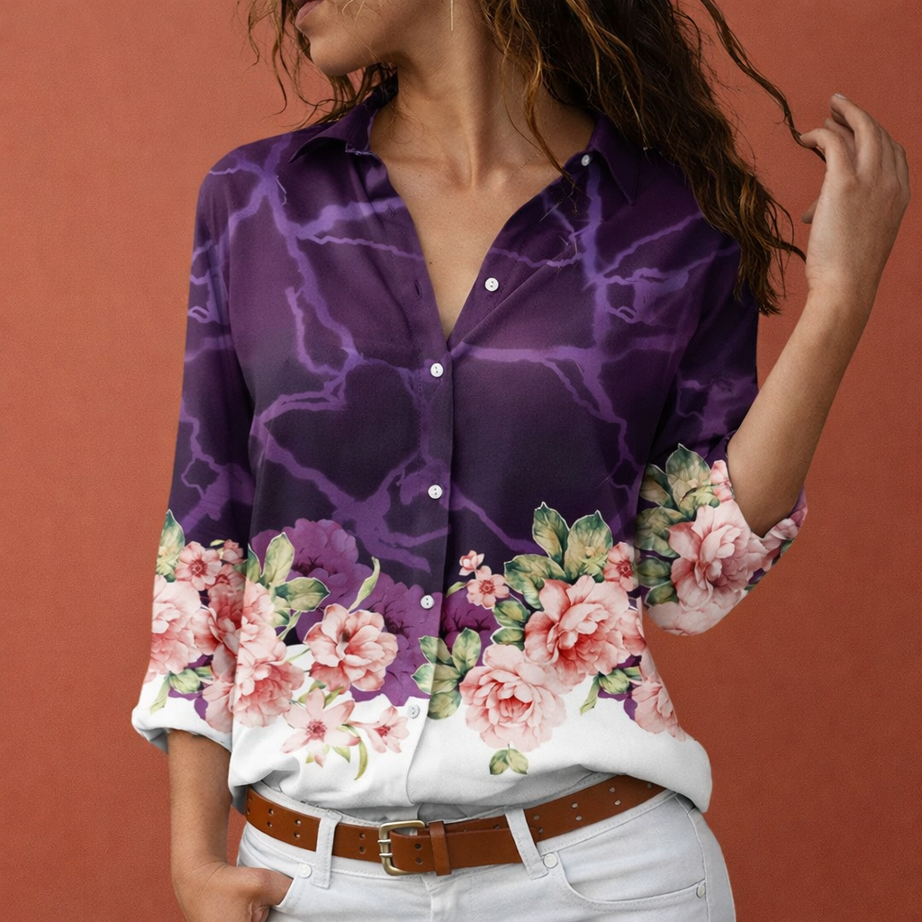 Printed women's blouse with classic collar and button closure | Hanna