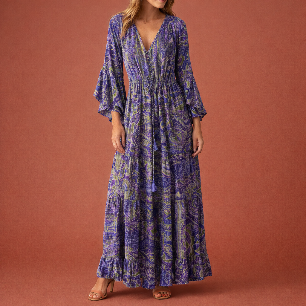 Maxi Bohemian Floral Dress with Flared Sleeves for Women | Aveline