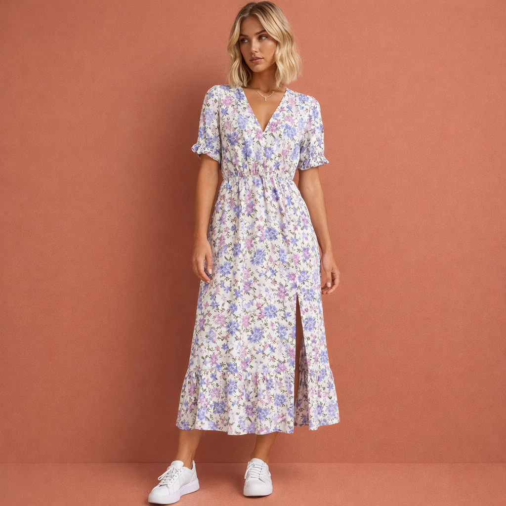 Floral Summer Dress with Button Row and Split for Women | Femke