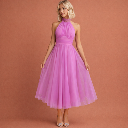 Maxi dress with halter neck and layered skirt for women | Aubrey