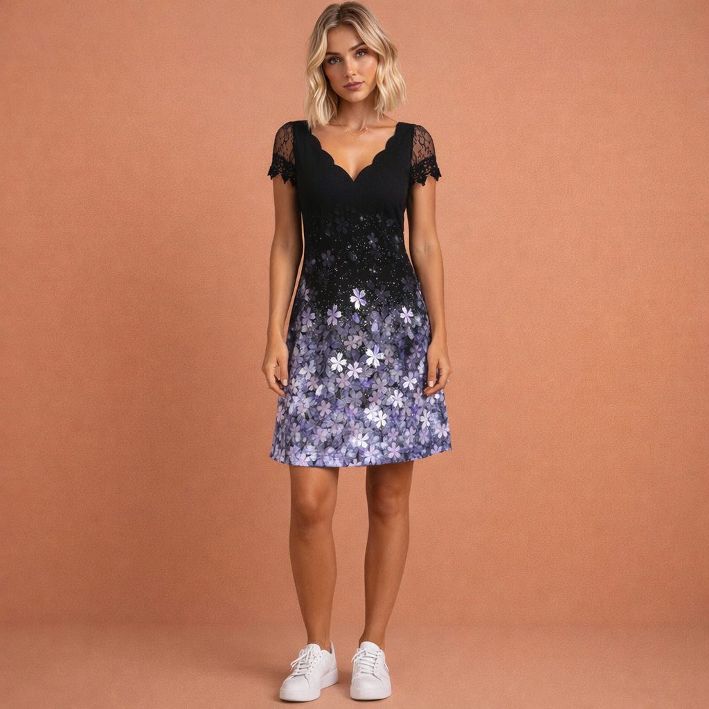 Lace Mini Dress with Scalloped V-Neck for Women | Danara