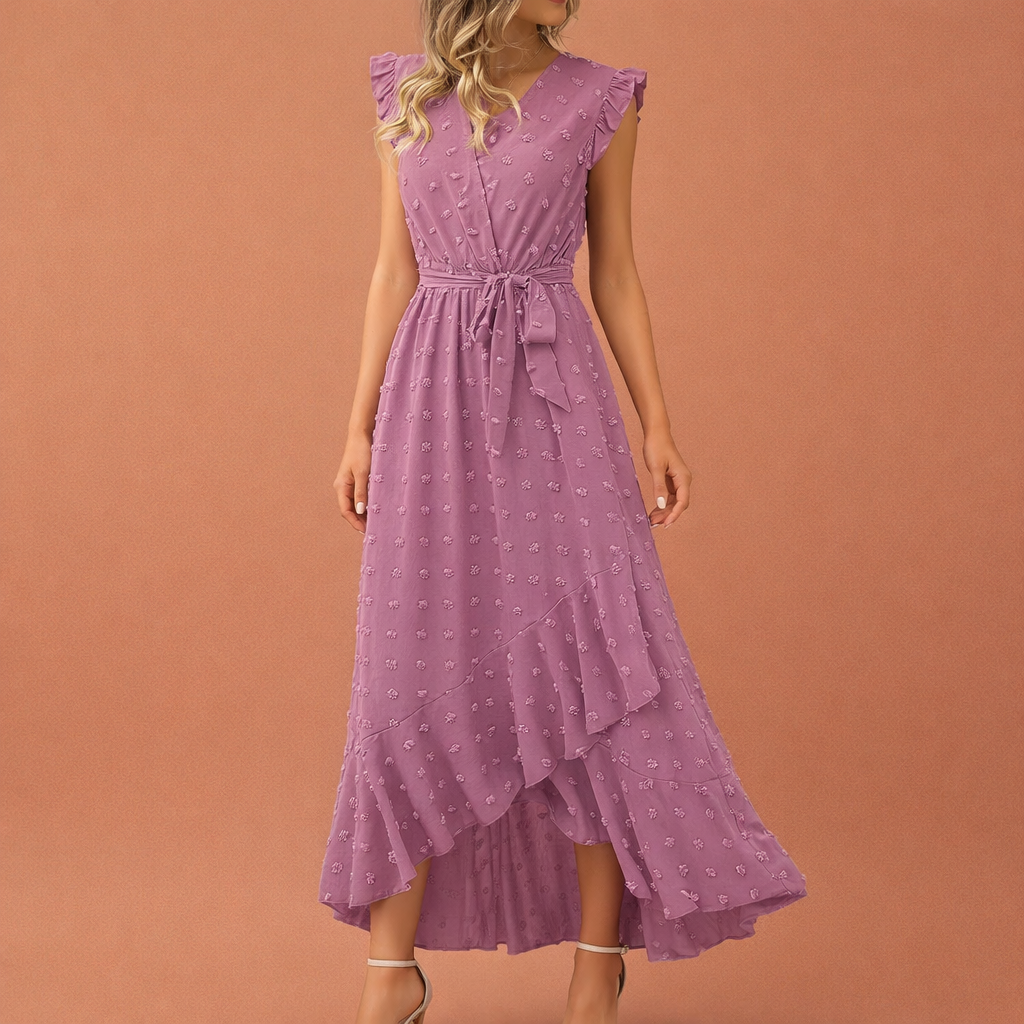 Maxi pleated dress with polka dots and short sleeves for women | Celina