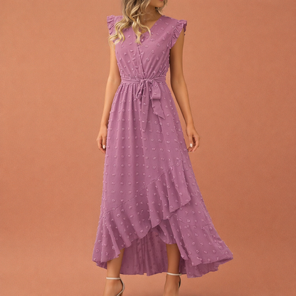 Maxi pleated dress with polka dots and short sleeves for women | Celina