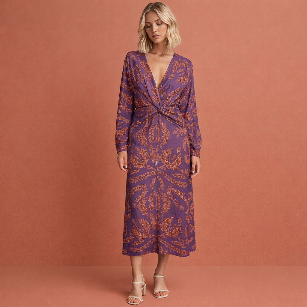 Elegant midi dress with twist detail and floral pattern for women | Lowiena
