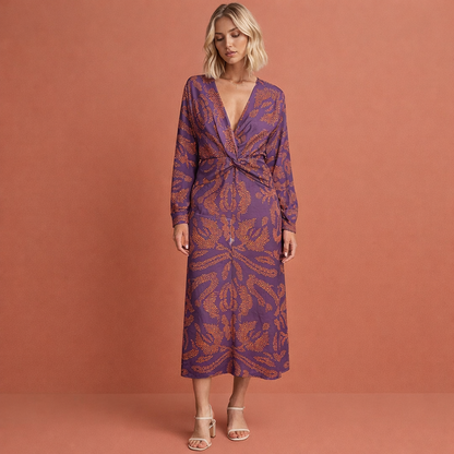 Elegant midi dress with twist detail and floral pattern for women | Lowiena
