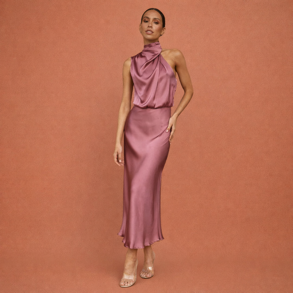 Elegant maxi dress with draped neckline and sleeveless design for women | Helena