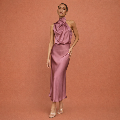 Elegant maxi dress with draped neckline and sleeveless design for women | Helena