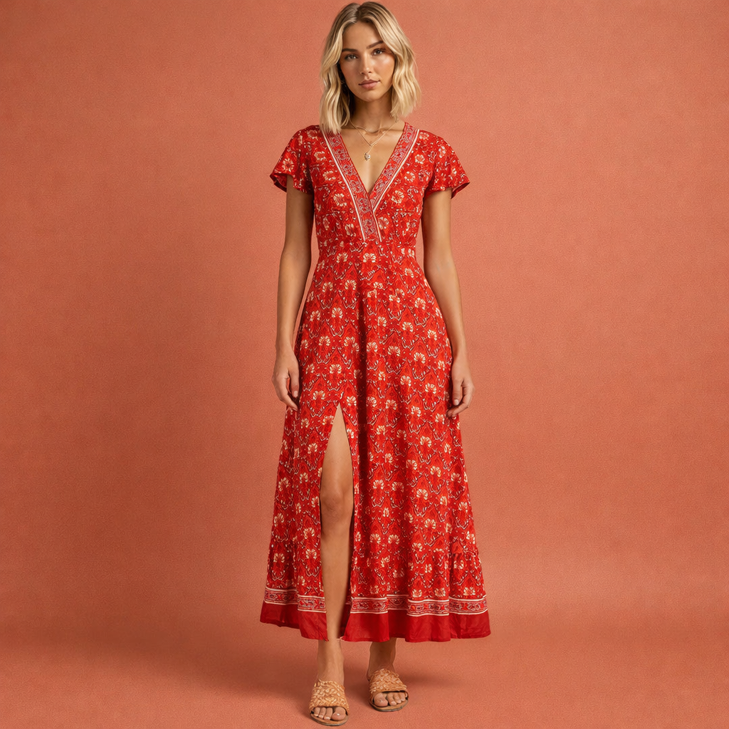 Boho maxi dress with wrap look and split for women | Astrid