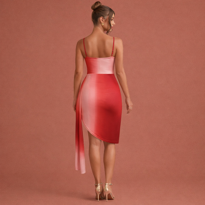 Corsage dress with mesh and asymmetrical draped skirt for women | Famke
