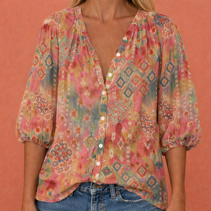 Printed blouse with V-neck and button closure for women | Mireya
