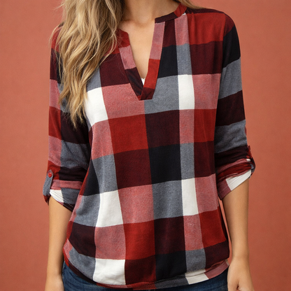 Plaid V-neck blouse for women with long sleeves and cuffed sleeves | Zafira