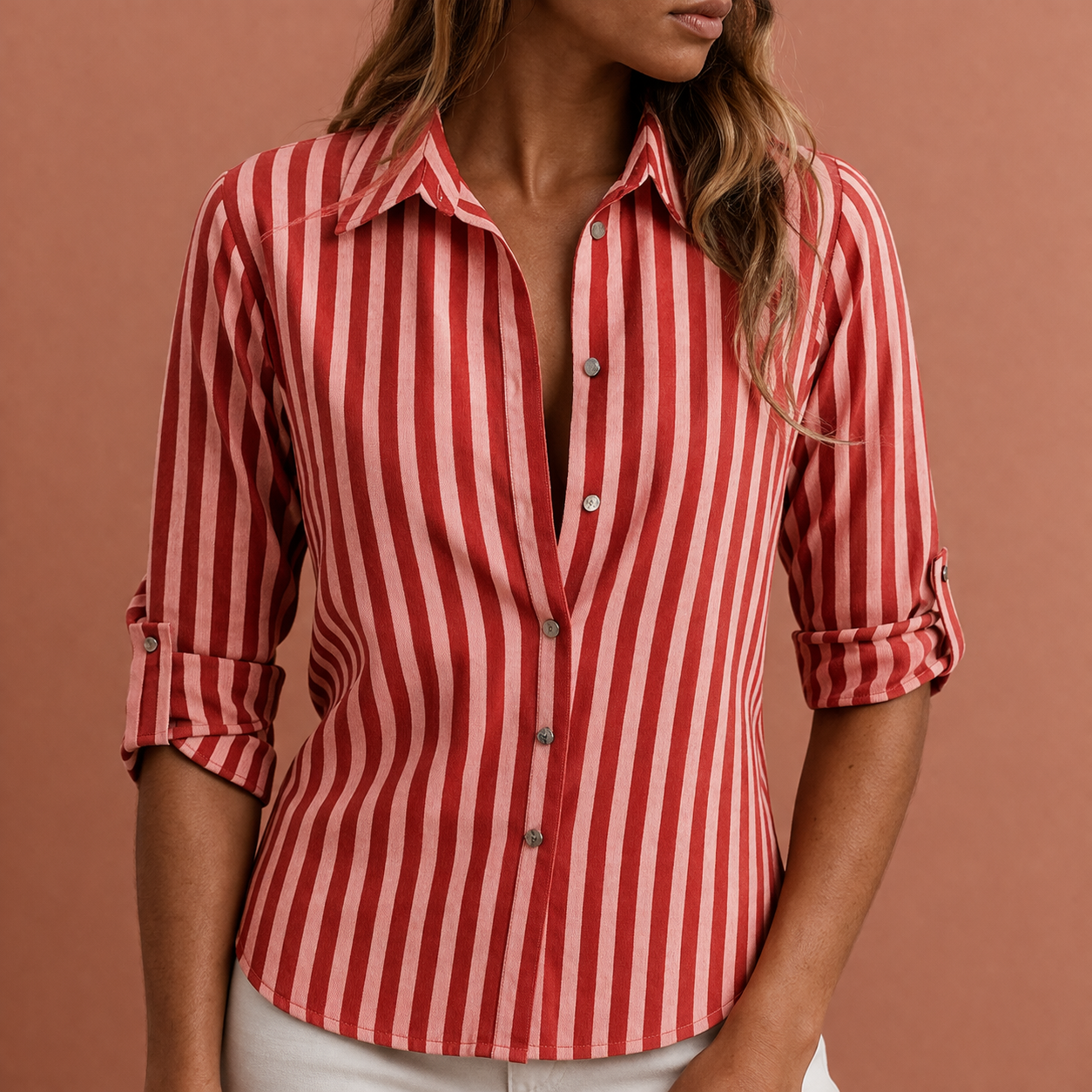 Striped women's blouse with classic collar and button closure | Alyssa