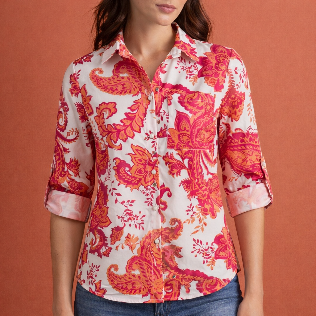 Printed women's blouse with collar and button closure | Mireya