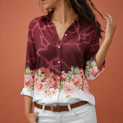 Printed women's blouse with classic collar and button closure | Hanna