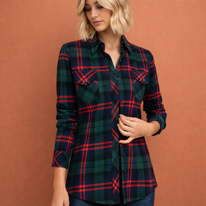 Checked shirt blouse for women with roll-up sleeves and casual fit | Marleen