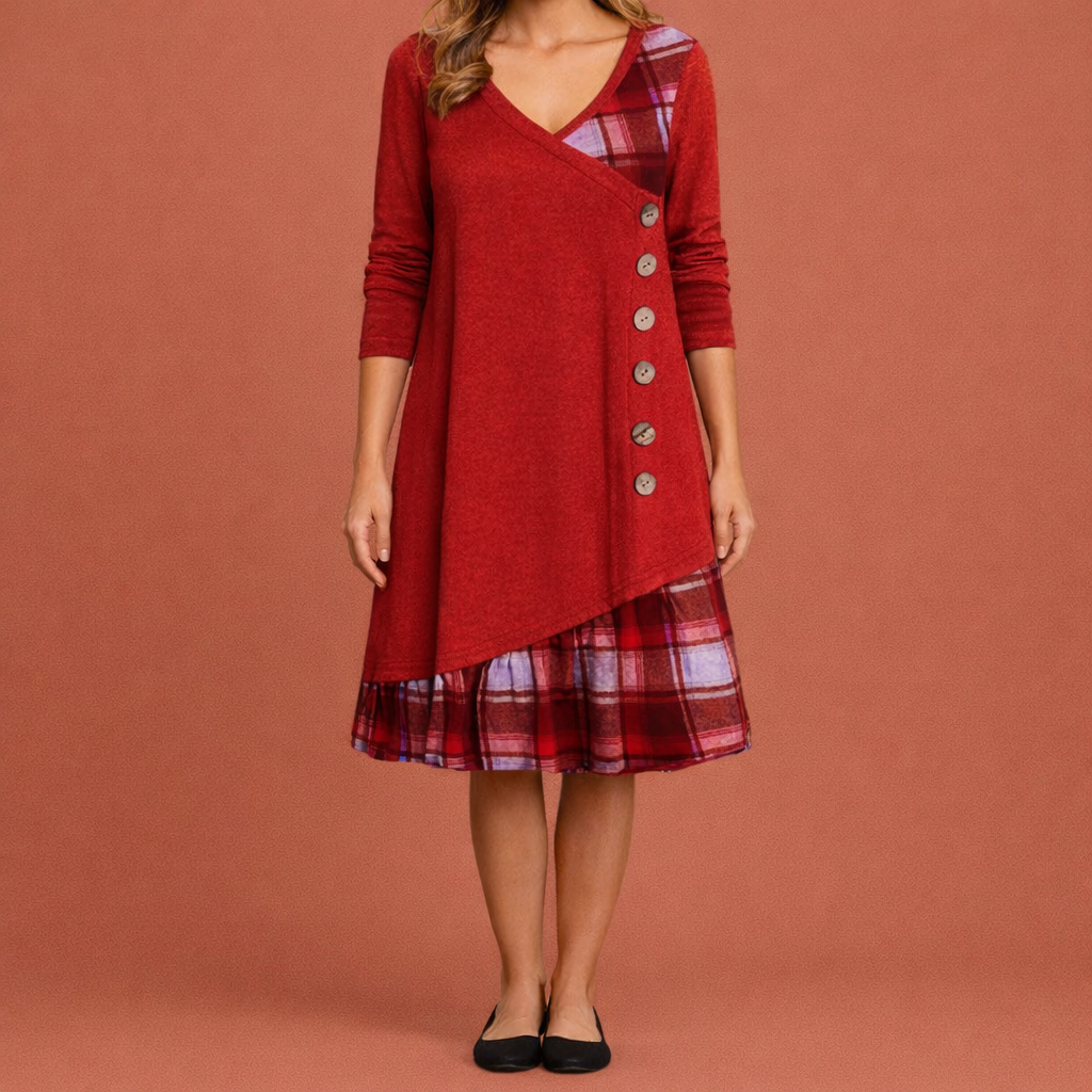 Checked A-line Dress with Long Sleeves for Women | Amira