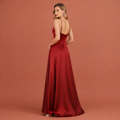 Maxi evening dress with thin straps and high slit for women | Aurelia