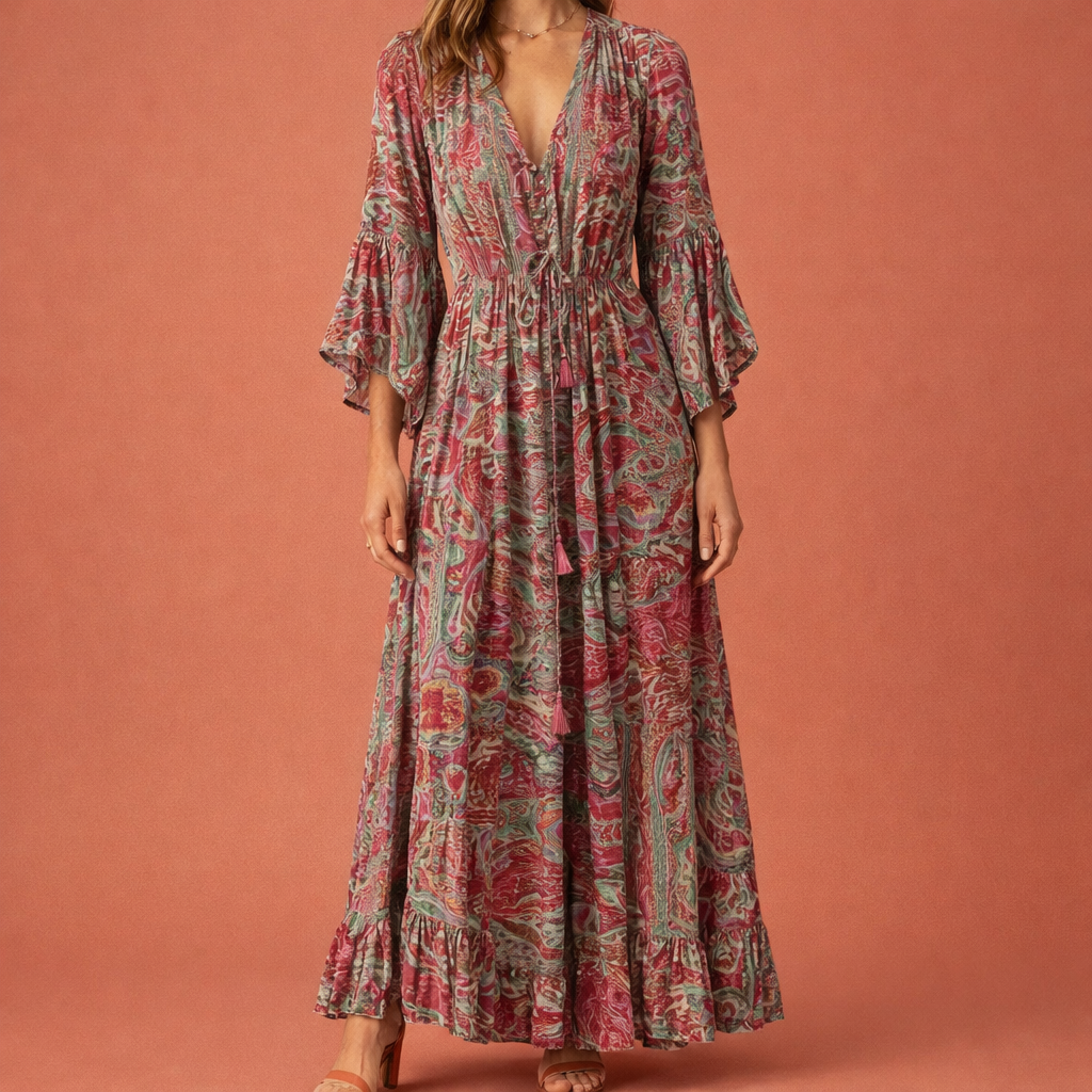 Maxi Bohemian Floral Dress with Flared Sleeves for Women | Aveline