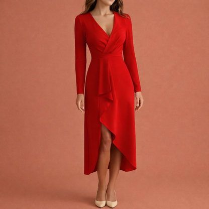 Maxi dress with asymmetrical design and V-neck for women | Catarina