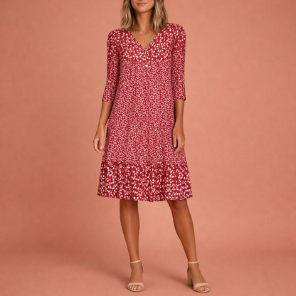 Midi dress with short sleeves and V-neck for women | Elaraëlle