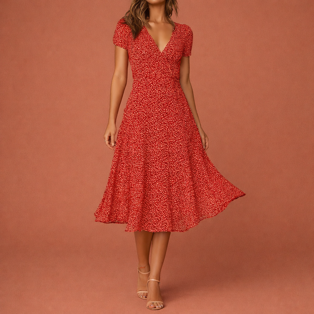 Summer Midi A-Line Dress with Floral Print and V-Neck for Women | Celine