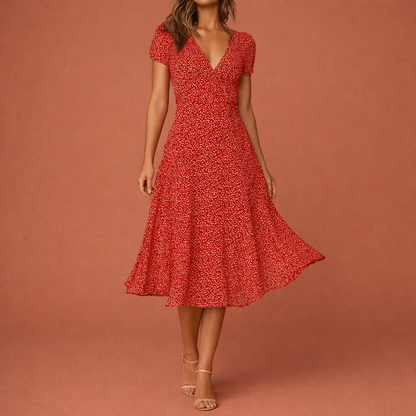 Summer Midi A-Line Dress with Floral Print and V-Neck for Women | Celine