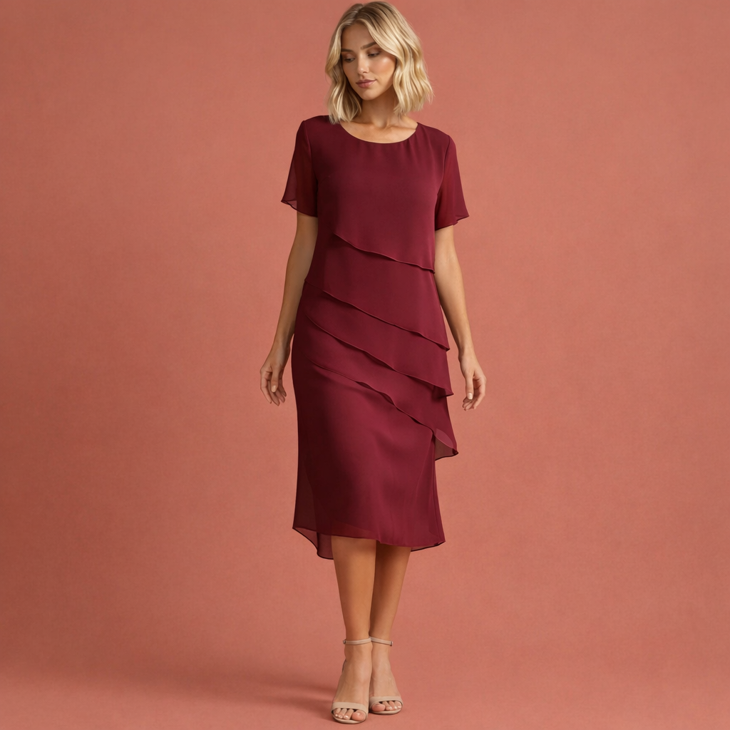 Midi dress with layered effect and short sleeves for women | Paisley