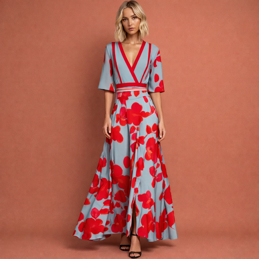 Long floral print dress with V-neck for women | Penelope