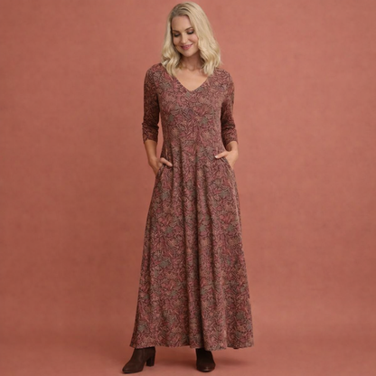 Long dress with retro pattern and V-neck for women | Natalie