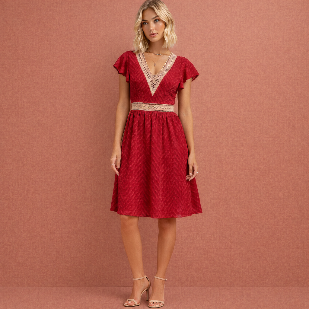 Lightweight mini dress with V-neck and waistband for women | Novi