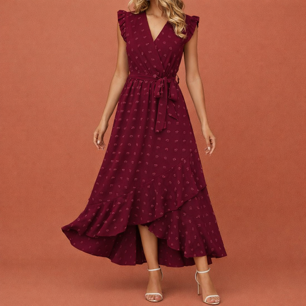 Maxi pleated dress with polka dots and short sleeves for women | Celina