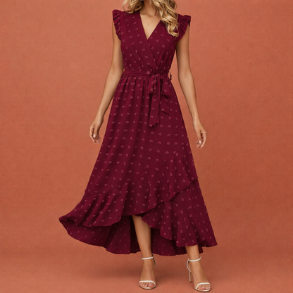 Maxi pleated dress with polka dots and short sleeves for women | Celina