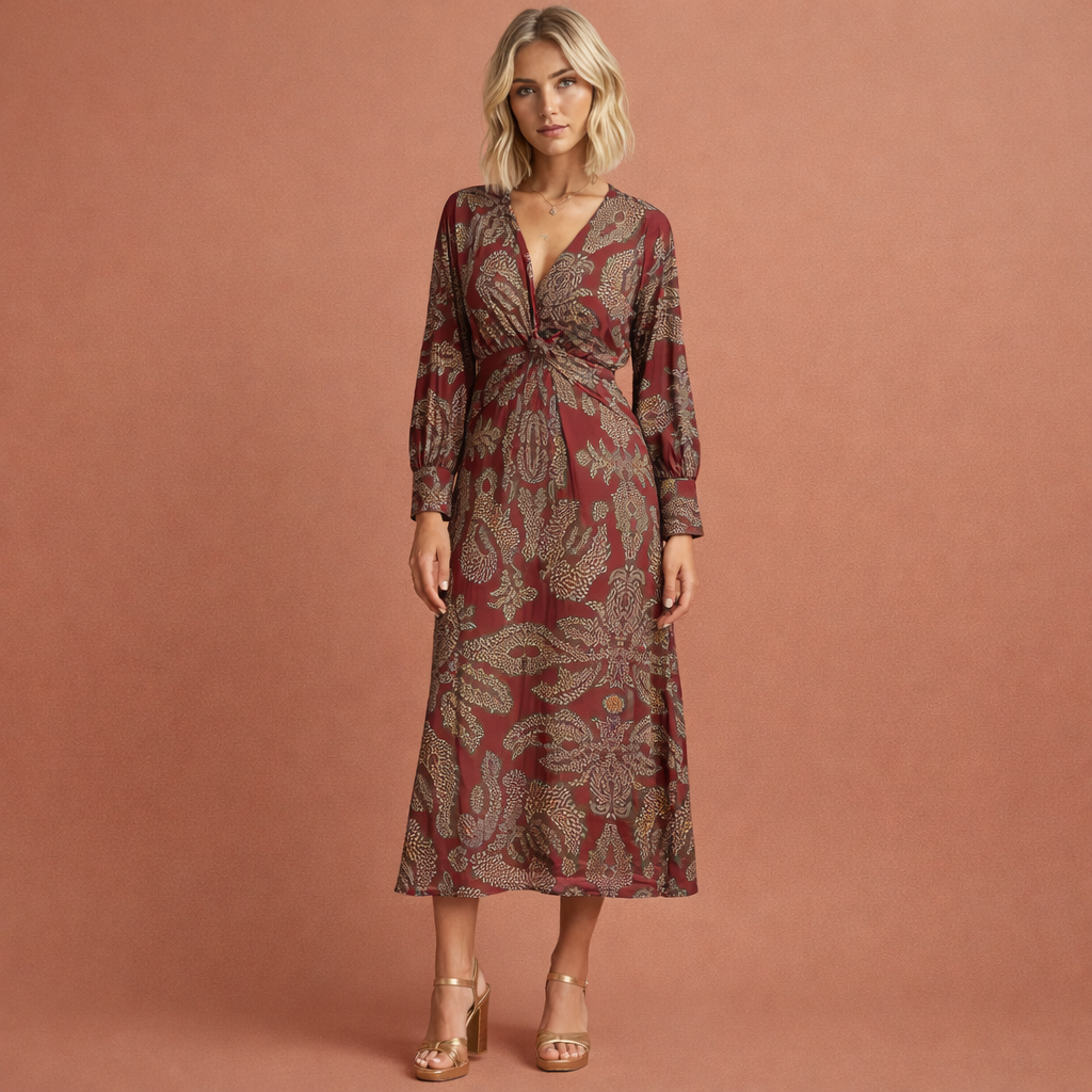 Elegant midi dress with twist detail and floral pattern for women | Lowiena