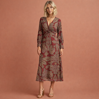 Elegant midi dress with twist detail and floral pattern for women | Lowiena
