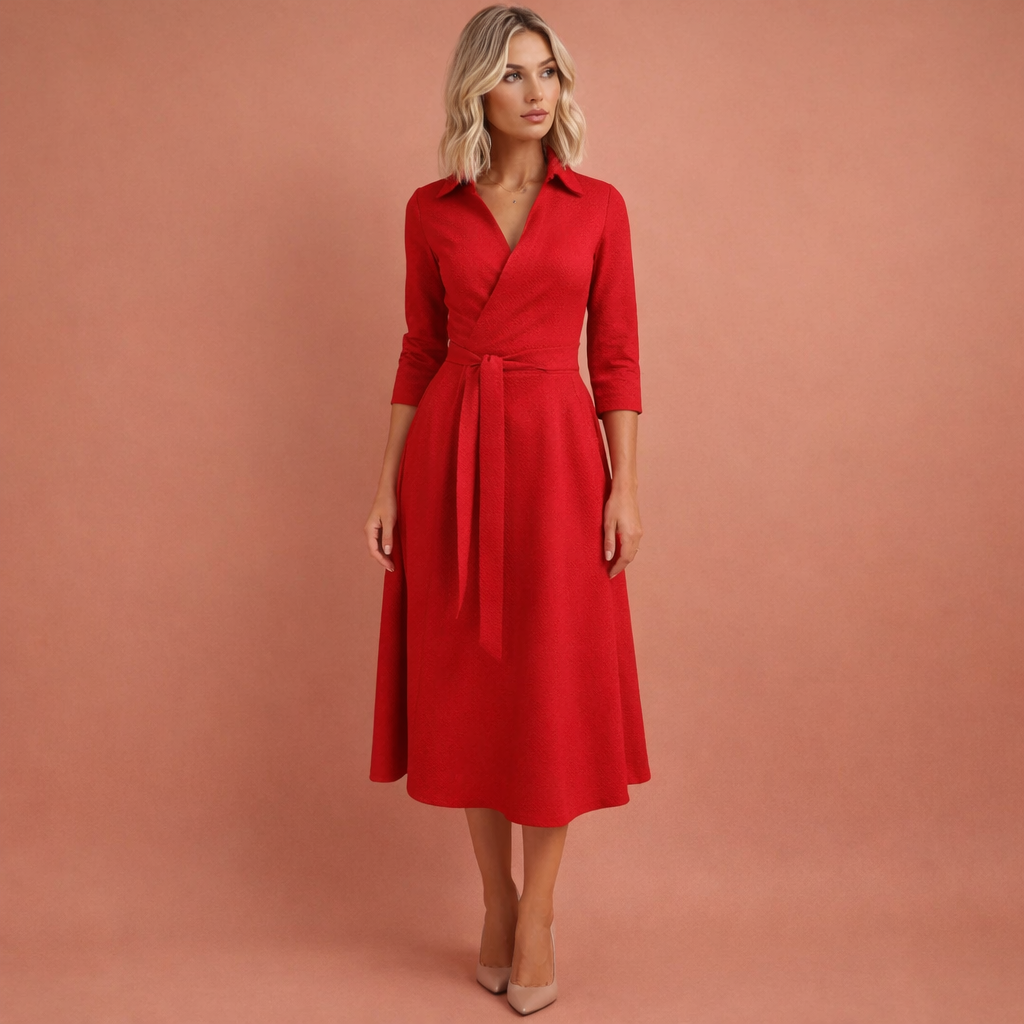 Midi dress with flared fit and lapel collar for women | Riley