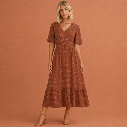 Midi summer dress with V-neck and waist accentuation for women | Toos