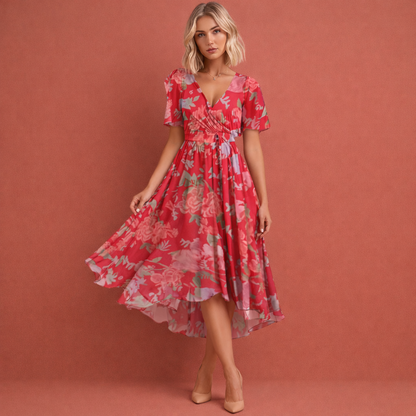Midi dress with floral print and short sleeves for women | Charlotte