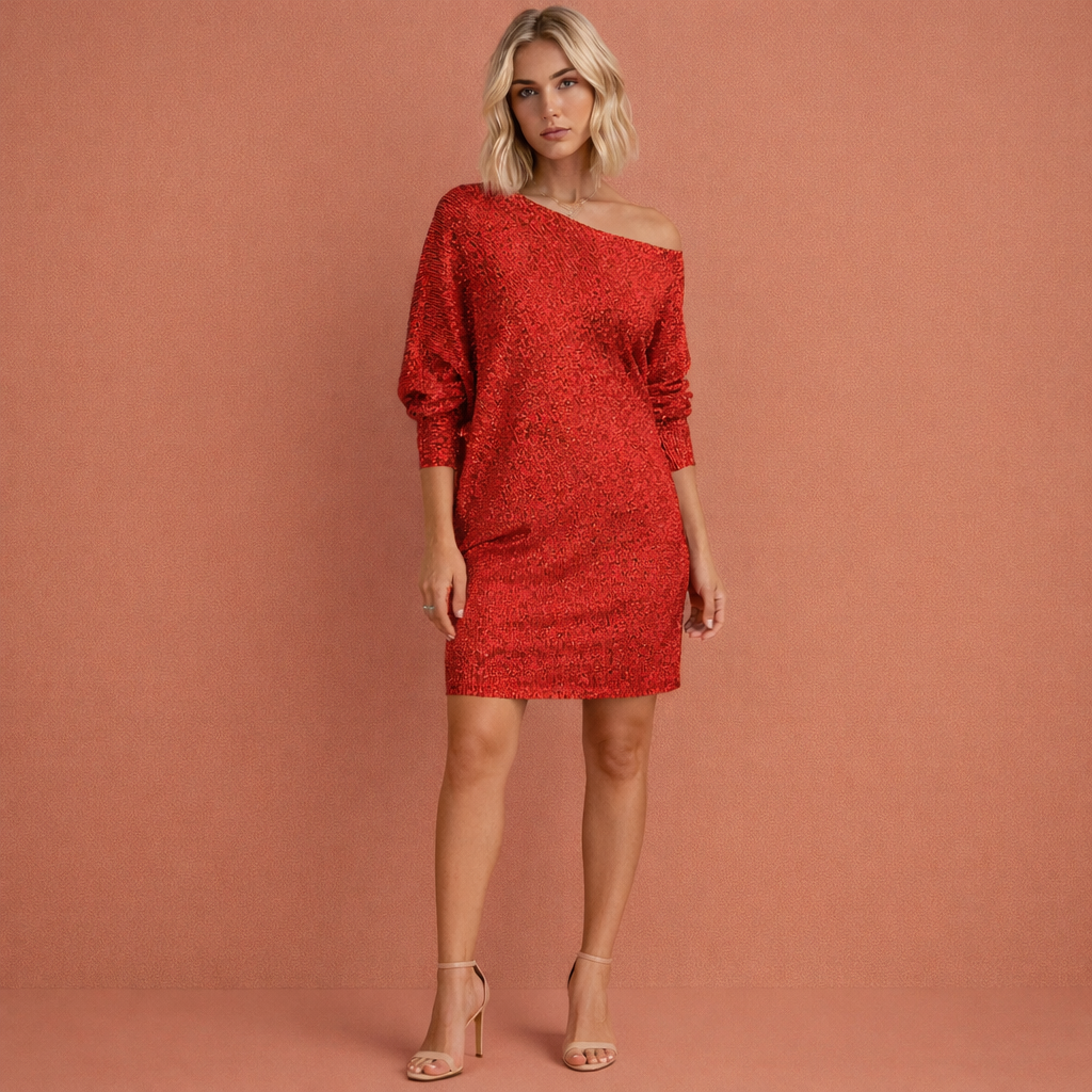 Off-shoulder mini dress with a shiny appearance for women | Mieke